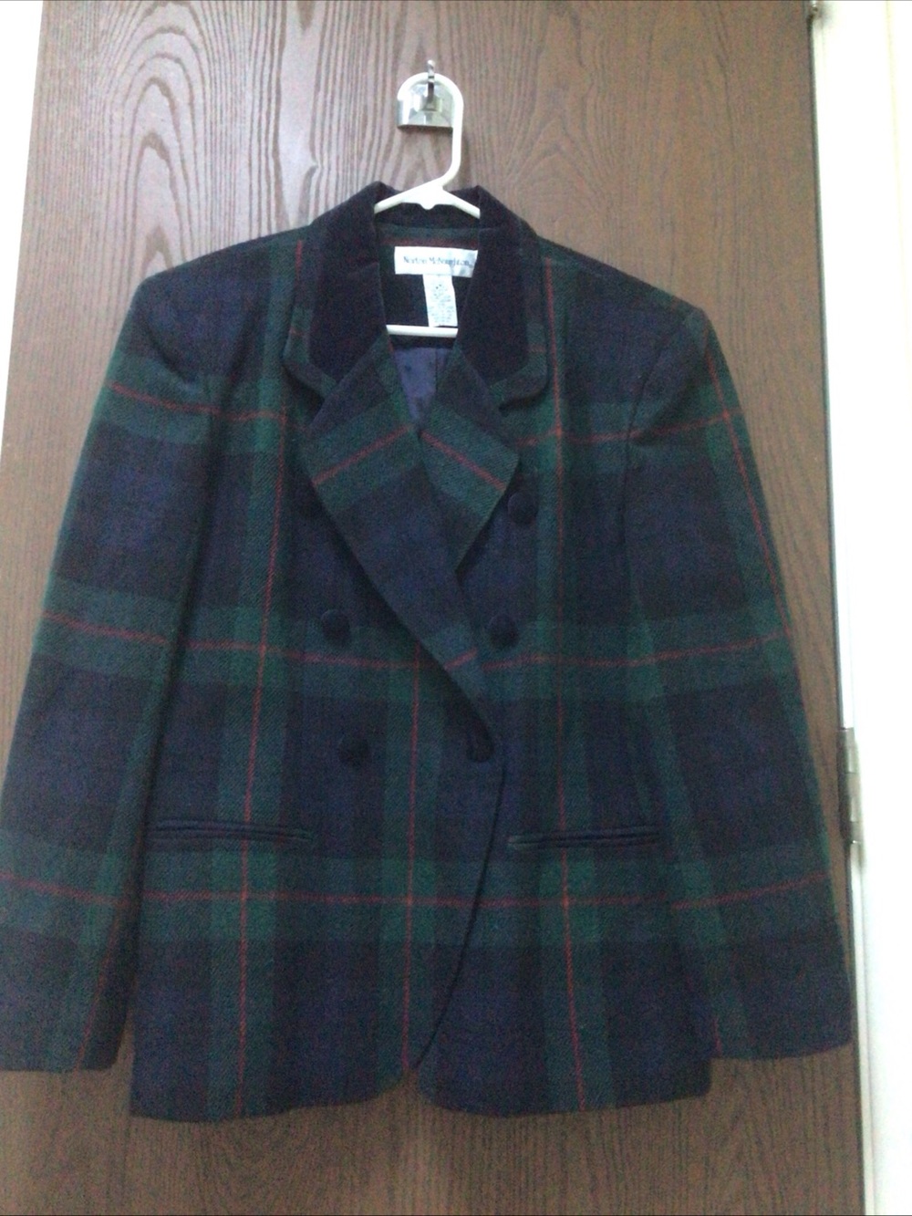 Norton McNaughton Navy and Green Plaid Double-Breasted Blazer wool blend, sz 12